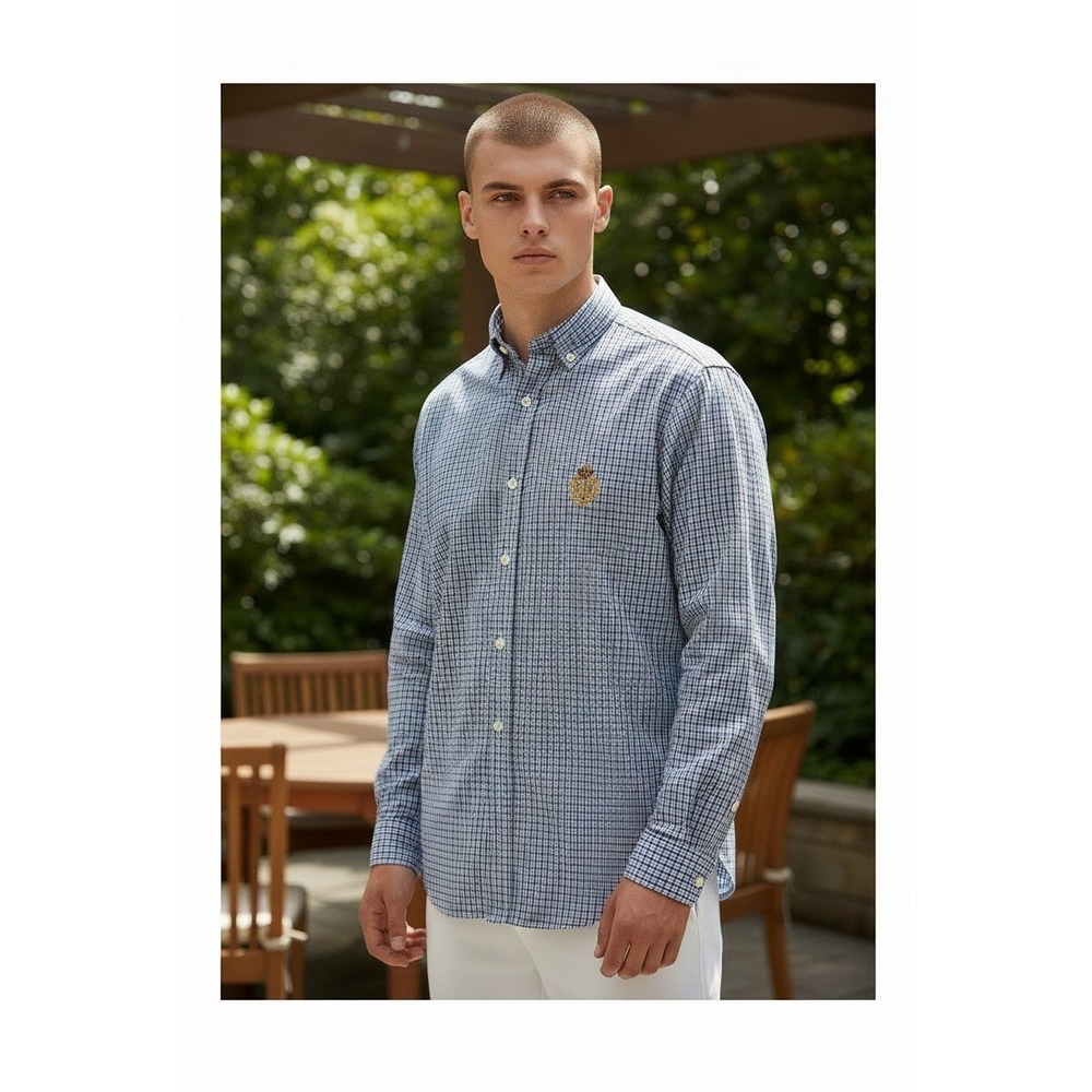 Lauren Ralph Lauren Button Down Mens Blue Houndstooth Crest Logo Shirt M